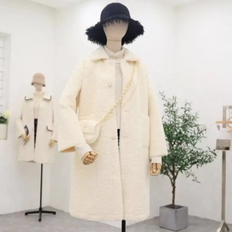 

2023 Ladies Pure Color Loose Casual Mid-length Ladies Double-breasted Notch Female Jacket [Free Bag] Casual Plush Jacket