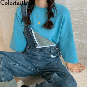

Colorfaith New 2020 Women Spring Summer Oversize T-Shirts Half Sleeves Bottoming Casual Drop Shoulder Loose O-Neck Tops T6639
