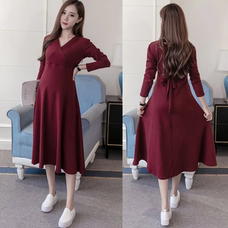 

Autumn Winter Maternity Nursing Dresses For Pregnant Women Clothes Breastfeeding Dress Bottoming Feeding Pregnancy Dresses