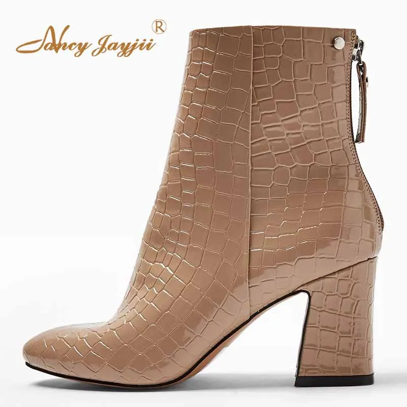 

Nude Crocodile Print Round Toe High Chunky Heel Zipper Ankle Boots Large Size 45 46 Woman Booties Shoes Casual Winter Warm Plush