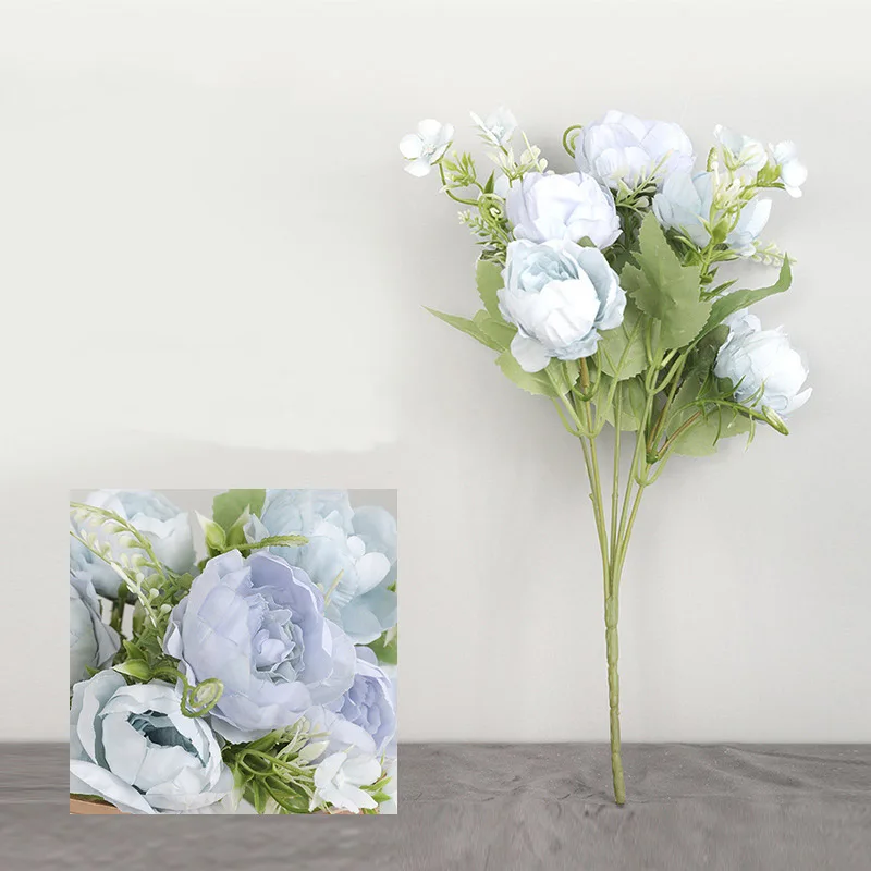 7 голов Европейский Пион Искусственные цветы Свадебные домашние декоративные искусственные цветы осеннее украшение - Цвет: Светло-голубой