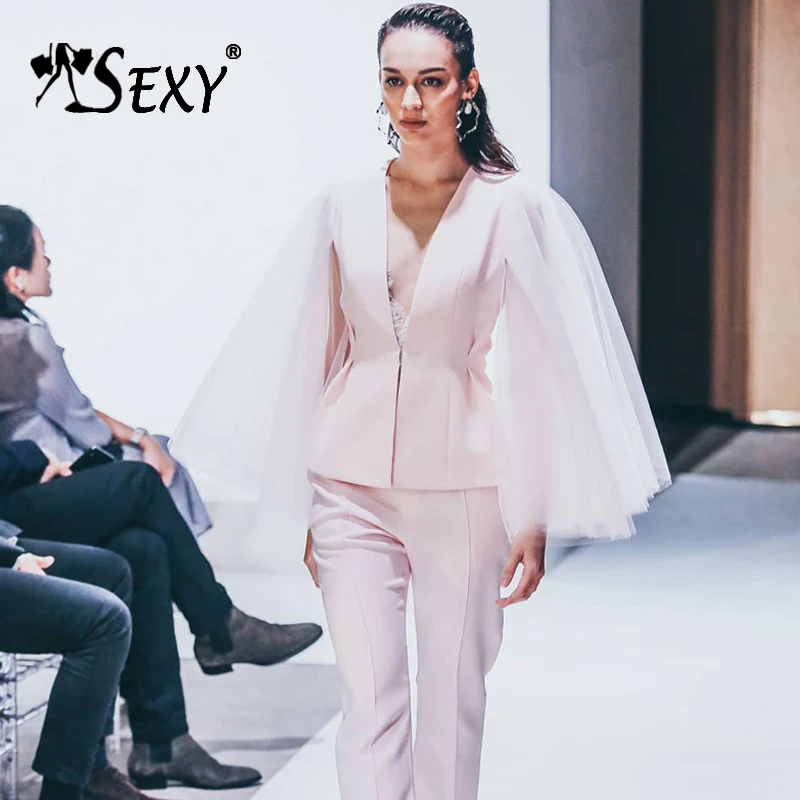 

Gosexy 2019 Fashion V-Neck Long Puff Sleeve Full Length Pant Lady Pant Suits 2 Picec Sets