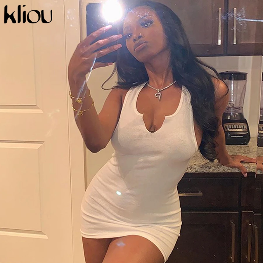 Kliou Cotton Sleeveless V-Neck Women Dress Elastic Fitness Fashion Solid White Skinny Bodycon Mini Dresses Streetwear Outfits womens clothes