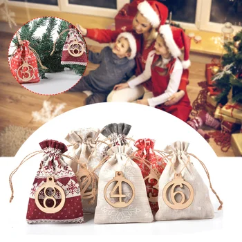 

Christmas Countdown Gift Bag Home Drawstring Closure Holiday Linen Portable Printed Multifunction Snacks Storage Party Supplies