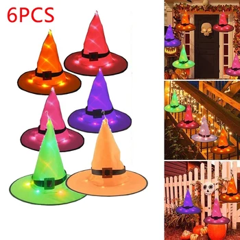 

Halloween Decorations Witch Hat Outdoor 6Pcs Hanging Lighted Glowing Witch Hat Decor Halloween Lights String Battery