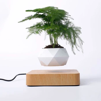 

Magnetic Levitation Potted Plant Aerial Ornaments Home Desktop Decor Suspended Wood Grain 360 Rotation Pot Plant Ponsai Ornament
