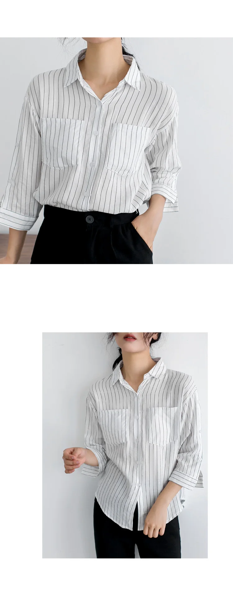 Повседневная полосатая Женская одежда, корейская модная одежда, Blusas Mujer De Moda, три четверти, офисная блузка для женщин, 5250 50