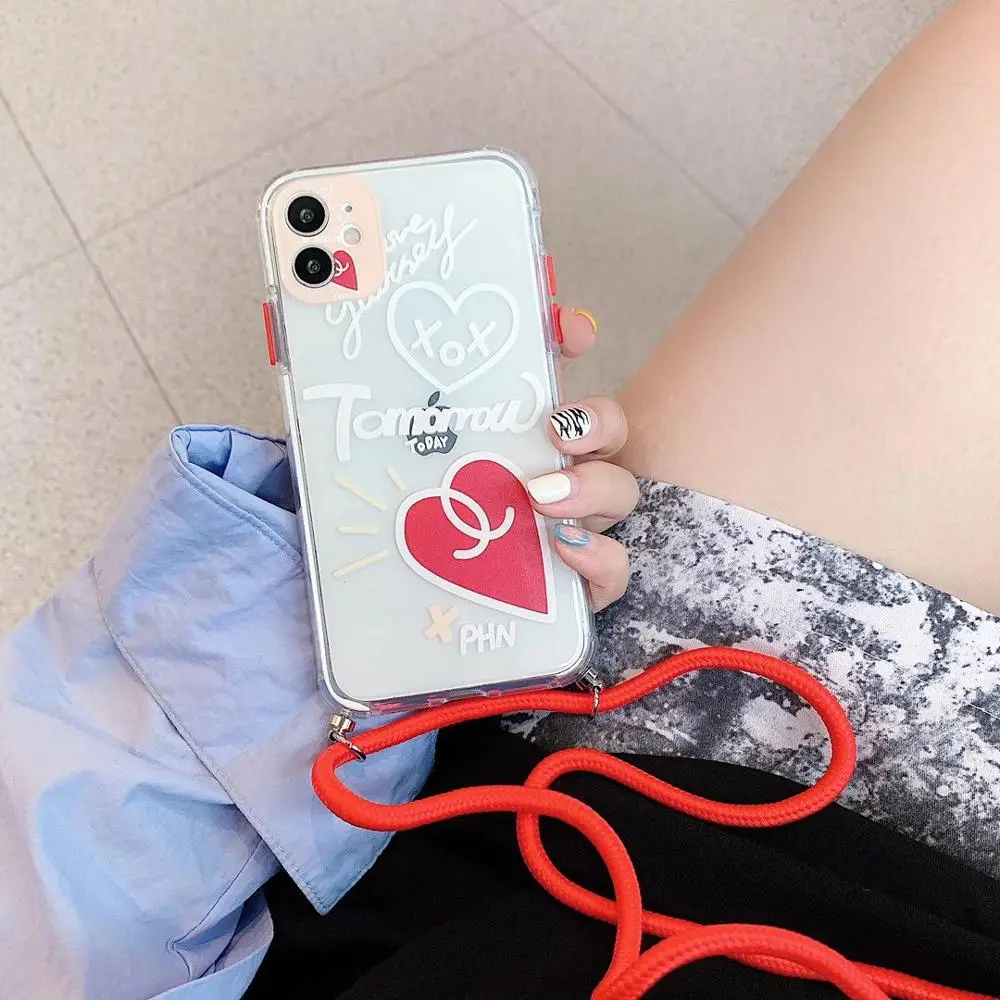 Прозрачные чехлы Love heart из ТПУ чехол-слайм с веревкой для iPhone X XR 6 7 8 Plus 2020 11 12 Pro XS Max