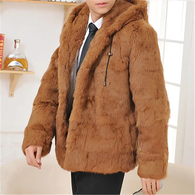 

Luxury Fur Men Hooded Jacket Coat Thicken Jacket Warm Winter Casual Yellow H06