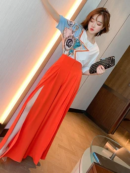 

Stylish Cool Printed Hot Drilling round Neckline T-shirt + High Waist Split Wide Leg Skirt Suit, Female Fashion Summer New Style