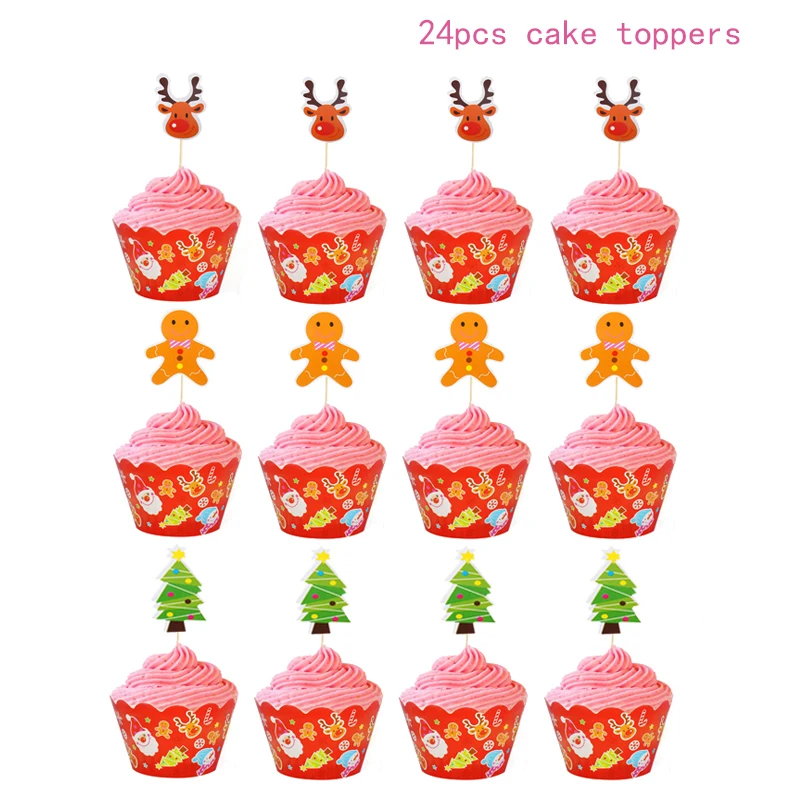 24pcs cake toppers Новогодний Топпер для торта веселый рождественский капкейк Топпер флажки для украшения дома Navidad новогодние вечерние на Рождество kerst natal - Цвет: 24pcs cake toppers