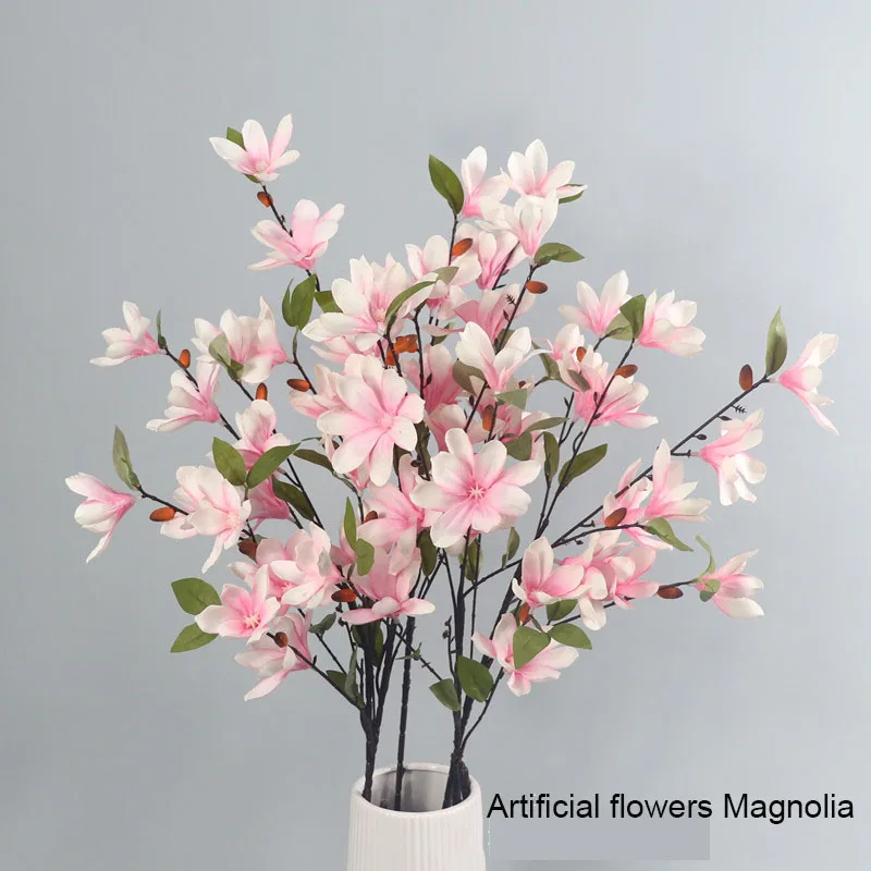 

5Pcs 5 Fork Magnolia Fake Silk Flower Branch for Home Decoration Faux Flowers Wreath Wedding Backdrop Wall Flower Arrangement