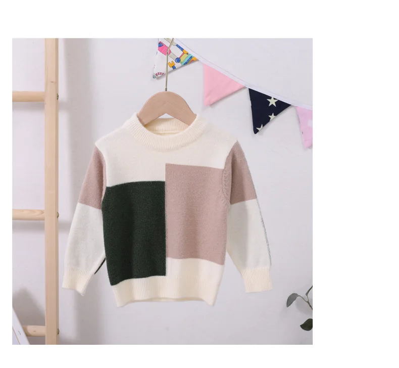 Autumn Winter Toddler Boys Sweater Baby Knitwear Tops Plaid Patchwork Kids Pullover Girls Clothes RT163