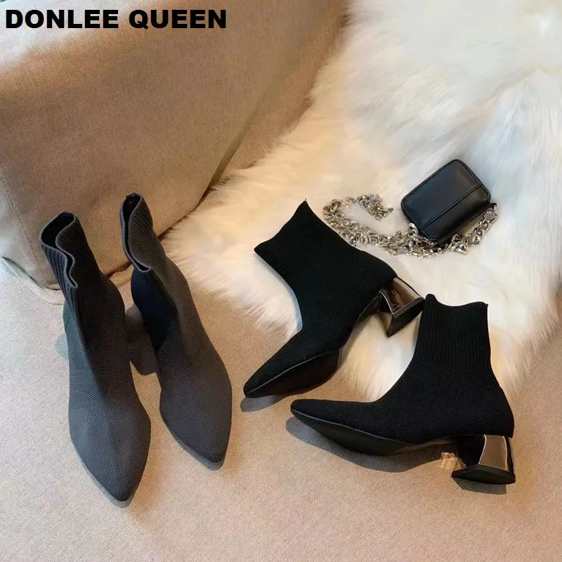 

Fashion Ankle Sock Boots Women 2019 Autumn Stretch Boots Chunky Metal High Heels Pointed Toe Women Shoes Stretch Knitting Boots
