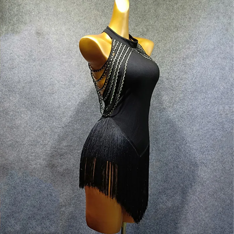 Latin Dance Dress Adults Black Open Back Tassels Sleeveless Competition Dresses Samba Dancing Costumes Clothes Stage Wear