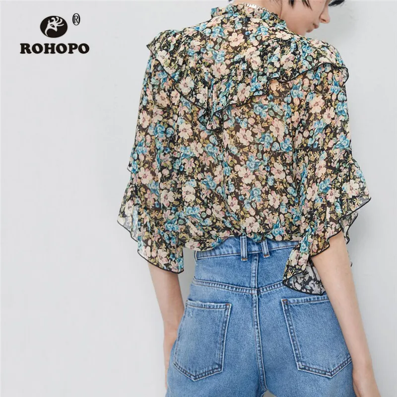 ROHOPO Iris Цветочная плиссированная шифоновая блуза с рукавами, шифоновая блуза для женщин, пуловер с принтом, шикарная уличная рубашка#9476