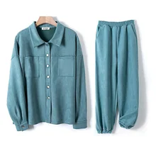 

2021NEW Women tracksuits Velvet Jacket And Pants Drop Shoulder Oversized Coat Single-Breasted Elastic Waist Overalls Cargo M,L