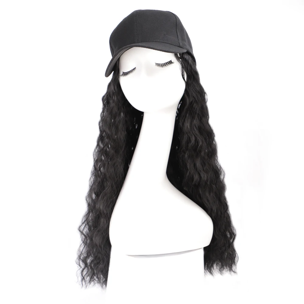 Gorra de béisbol con extensiones de cabello para mujer, gorra negra  ajustable unida con peluca sintética, 24 pulgadas de largo, cabello  ondulado negro