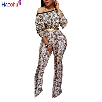 

Snake Print Sexy Plus Size Overall For Women Slash Neck Long Sleeve Wide Leg Jumpsuit Retro Off Shoulder Backless Party Bodysuit