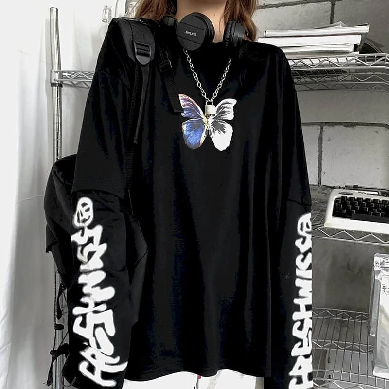 

gothic tshirt women t shirt punk tops ins dark Harajuku style stitching sleeve printing loose and thin personality top tshirt