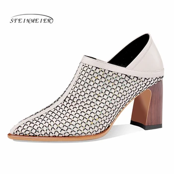 

Women summer high heels fashion genuine leather pumps spring thick heels shoes square toe laces heel woman shoes 2020