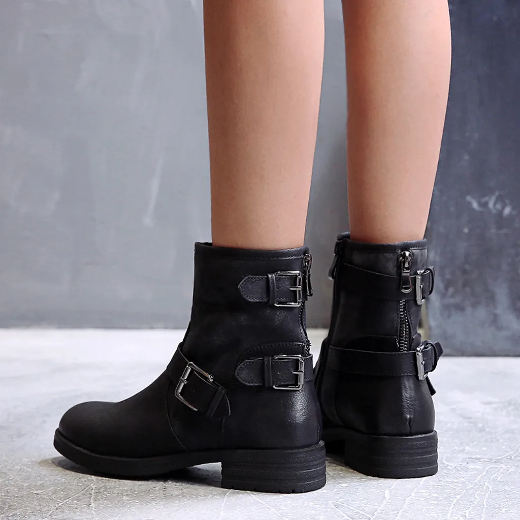 Модные женские классические ботильоны; зимние черные кожаные байкерские полусапожки; повседневная обувь на низком квадратном каблуке с боковой молнией