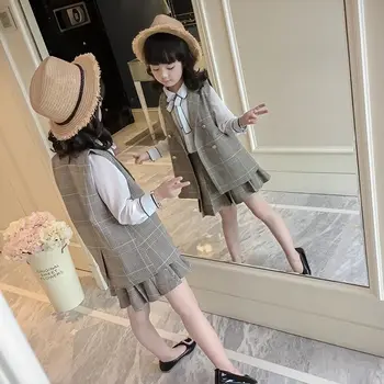 

2020 NEW Spring Autumn Girls Clothes Set England Plaid Vest +Skirt Girls 2Pcs Kids Girls Children Clothing