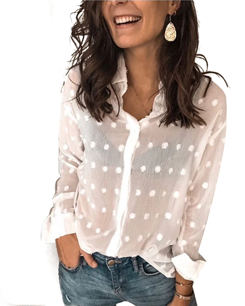 

2020 New Chiffon Polka Dot Women's Soft Shirt V-neck Turn-down Collar Long Sleeve Lady Blouses Summer Casual Loose Tops