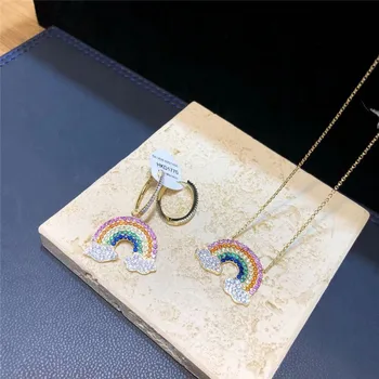 

European and American fashion golden yellow rainbow necklace female clavicle chain creative design shiny zircon earrings ladies