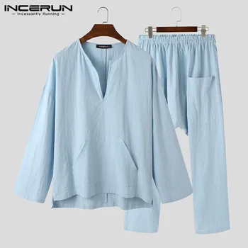 

Men Striped Sets Long Sleeve Pockets Casual V Neck Tops Elastic Waist Pants Vintage Streetwear Mens Suits INCERUN 2 Pieces S-5XL