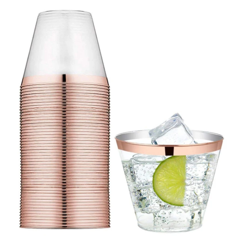 

50Pcs Disposable Plastic Cups Rose Gold Rimmed 9Oz Transparent Cups Tableware for Wedding Birthday Parties