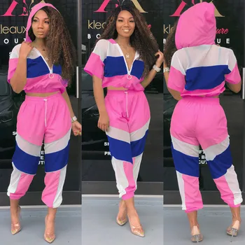 

2020 New Top Women's Sets Casual Sports Sexy Stitching Mesh Fashion Female Clothes Zipper Hooded Short Sleeve Trousers Femininas