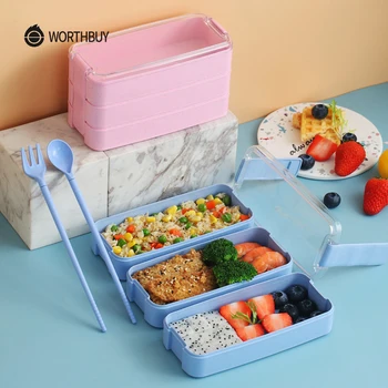 

WORTHBUY Japanese Microwave Lunch Box For Kids Wheat Straw Children Leak-Proof Bento Box With Tableware School Food Container