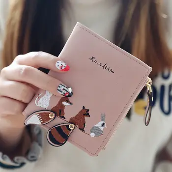 

Women's Wallet PU Leather Zipper Purse Mini Small Wallet Coin Cartoon Fox Animal Card Holder Handbag Short Wallets 2020 Hot