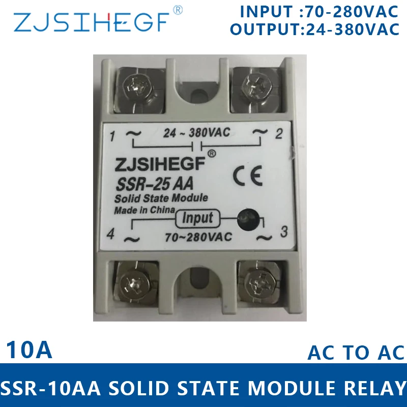 

1pcs SSR-10AA Solid State Relay 10A Module input 70-280VAC output 24-380V AC SSR 10AA Relay Converter for heat sink I-50A