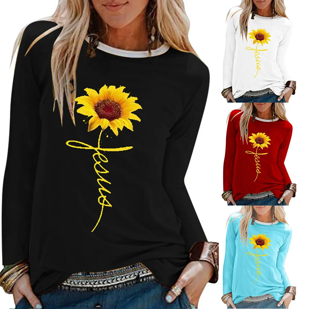 Женская Повседневная футболка с принтом подсолнуха, футболка с круглым вырезом и длинным рукавом, свободная футболка, осенняя одежда для женщин, camiseta mujer