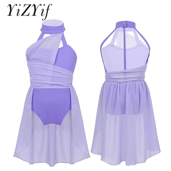 

Girls Ballet Leotard Dress Sleeveless Ruched Chiffon Bodice Caged Back Leotard Ballet Dress for Lyrical Dance Costume Dancewear