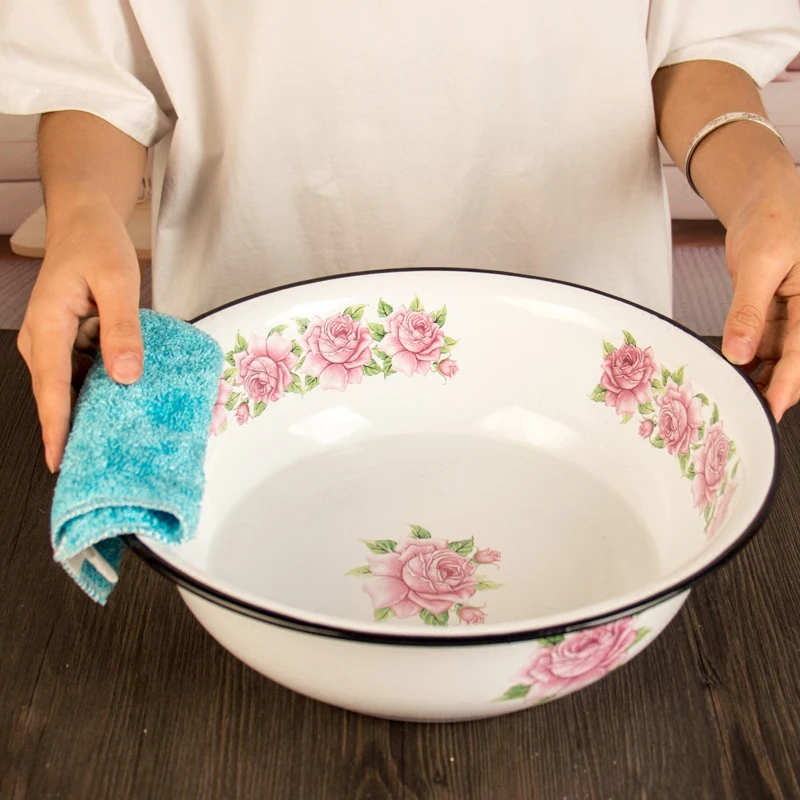 Enamel Wash Basin Antique With Chinese Traditional Totems High Capacity Home Restaurant Kitchen Food Container Soup Pot