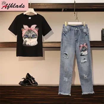 

Denim Two-Piece Set Female Summer New Korean Sequin Print Short-Sleeved Cartoon Print T-shirt + Hole Denim Pants Two-Piece Set