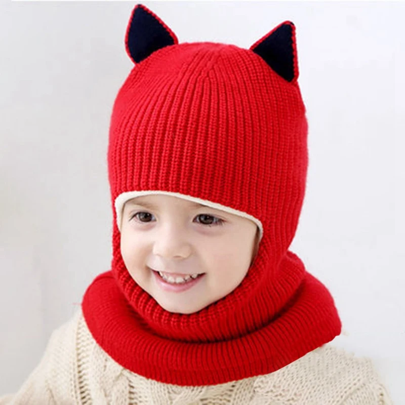 Детский шарф с капюшоном для мальчиков и девочек, шапка, зимний теплый вязаный шарф с клапаном, 47-54 см