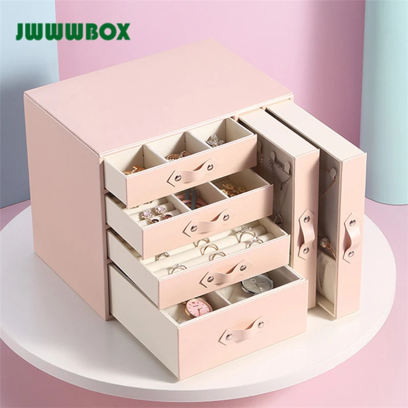 

JWWWBOX Big Jewelry Box Women Four Layers High Capacity Drawer Type Necklace Earrings Rings Jewelry Packaging Display Box JWBX22
