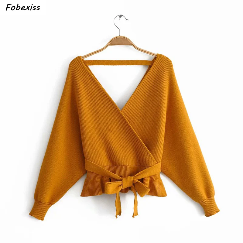 

Knitted Sweater Women Fall 2019 New Sexy Deep V Neck Long Sleeve Lace Up Sashes Pullover Sweater Women Elegant Short Sweater