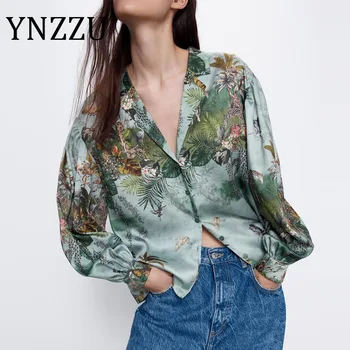 

YNZZU Vintage Print Office Lady Blouse Tops women 2020 New Satin Elegant V Neck Loose Long Sleeve Ladies Blouse Shirt AT559