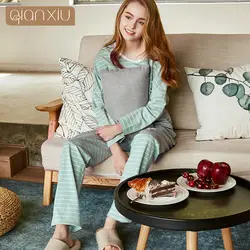 Qianxiu весна и осень Стиль женские пижамы плюс размеры Ночная рубашка в полоску