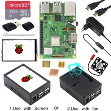Raspberry pi 3 modelo b + kit abs caso 32gb cartão sd adaptador de alimentação dissipadores de calor opcional tela sensível ao toque de 3.5 polegadas para rpi 3b +