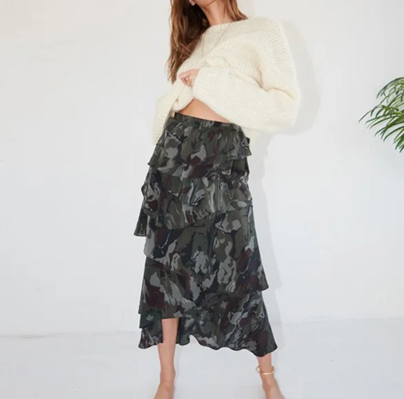 

Women High Quality Silk & Viscose Camouflage Printed Skirt With Layer Ruffled Detail