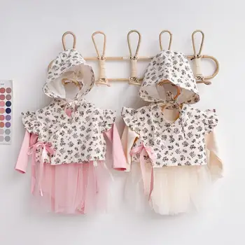 

Autumn Baby Girl Bodysuit Clothes Set Infant Long Sleeve Jumpsuit Mesh Skirt And Floral Print Vest With Hat Baby Girl Outfits
