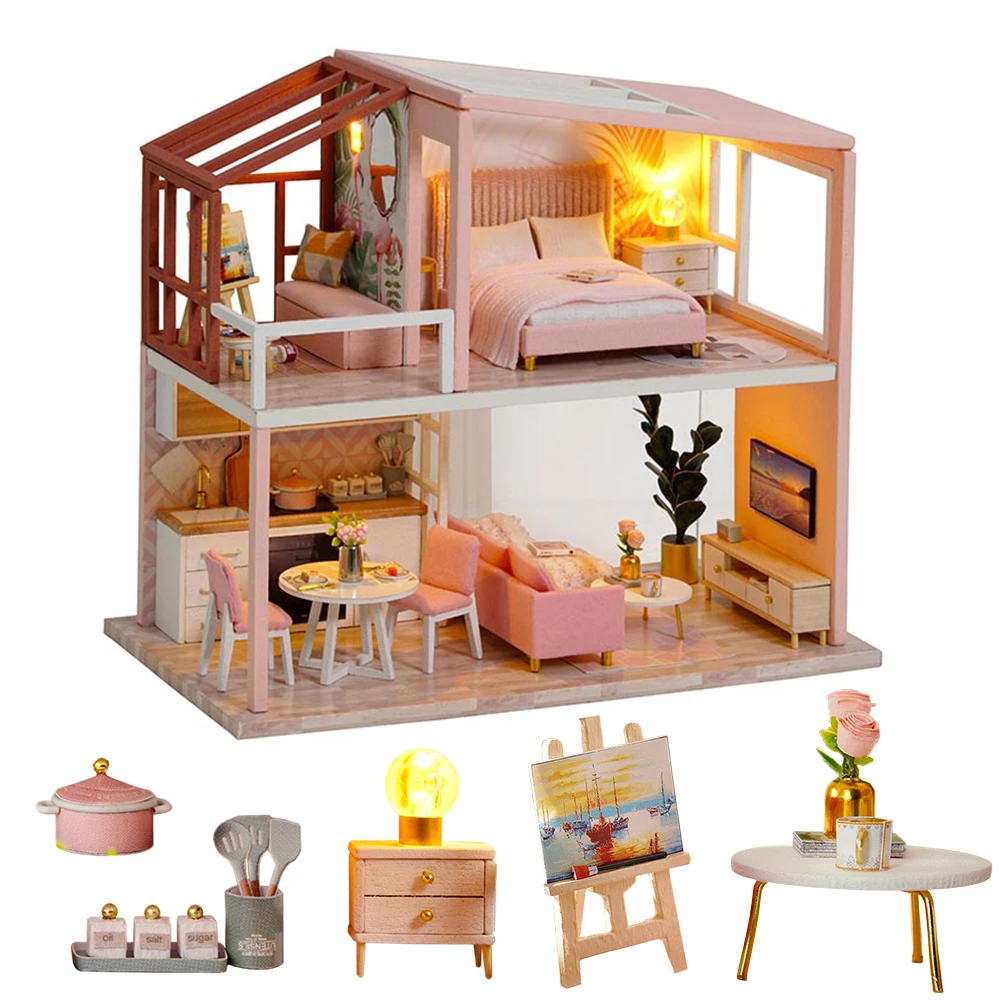 assembled wooden dollhouse