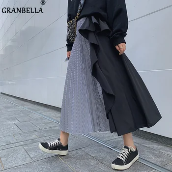 

Spring Summer Young Woman Long Striped Pleated Skirts Saias Midi Faldas Vintage Fashion Ruffles Patchwork Women Skirt