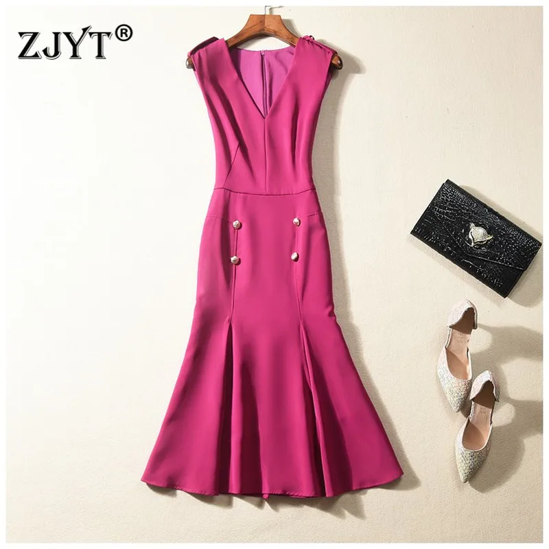 

High Quality Europe Fashion Runway Dress Women 2020 New Spring Summer Sleeveless V Neck Solid Trumpet Party Dresses Woman